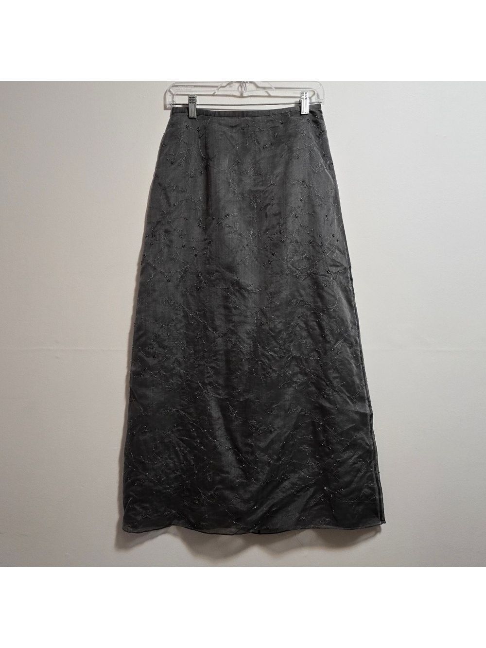 Vintage Anne Taylor 100% Silk Grey Embroidered Flora Pearl Maxi Skirt